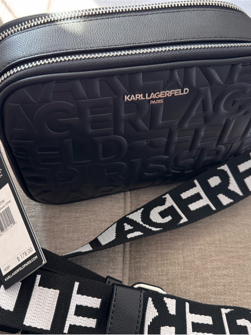 Karl Lagerfeld Black Embossed Logo Belt Bag with Branded Strap